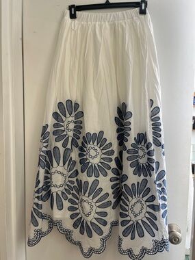 Commense White Maxi Skirt with Navy Floral Embroidery
